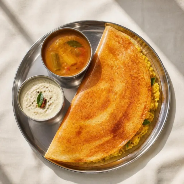 Masala dosa with sambar and coconut chutney