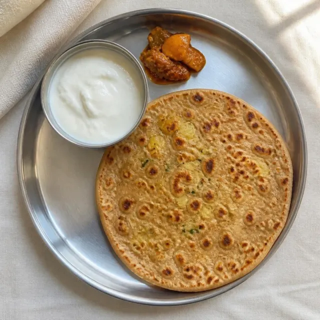 Aloo paratha with a katori of curd