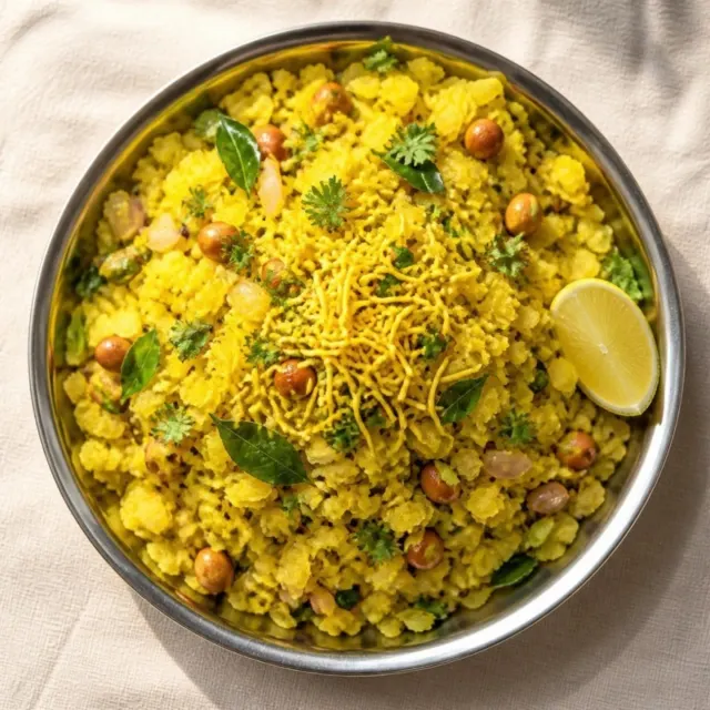 Kanda poha in a steel plate