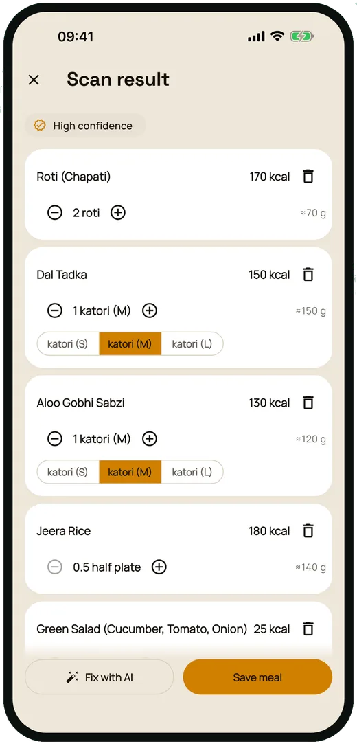 A scan result with roti, dal tadka, sabzi and rice
