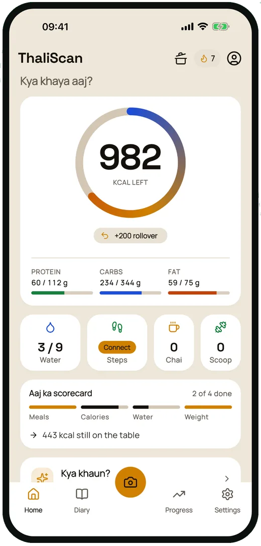 The home screen with calories left and protein, carbs and fat